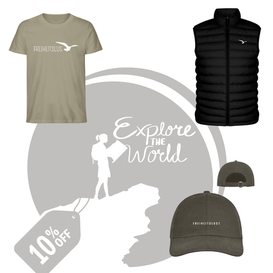 Explore Bundle für Abenteuer mit Tshirt, Basecap und Steppweste.