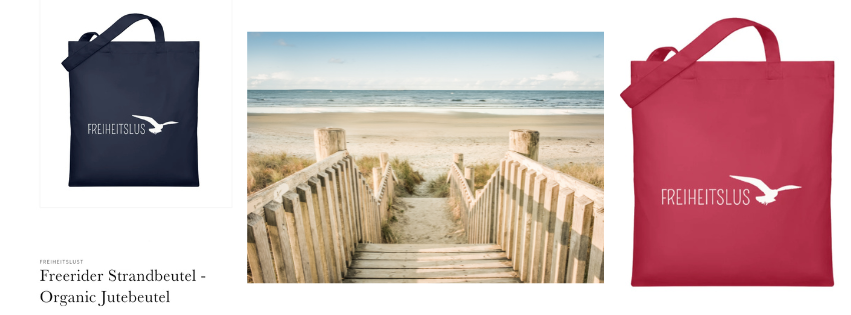 Strandbeutel mit Produktbeschreibung in 2 Farben und Bild vom Strand