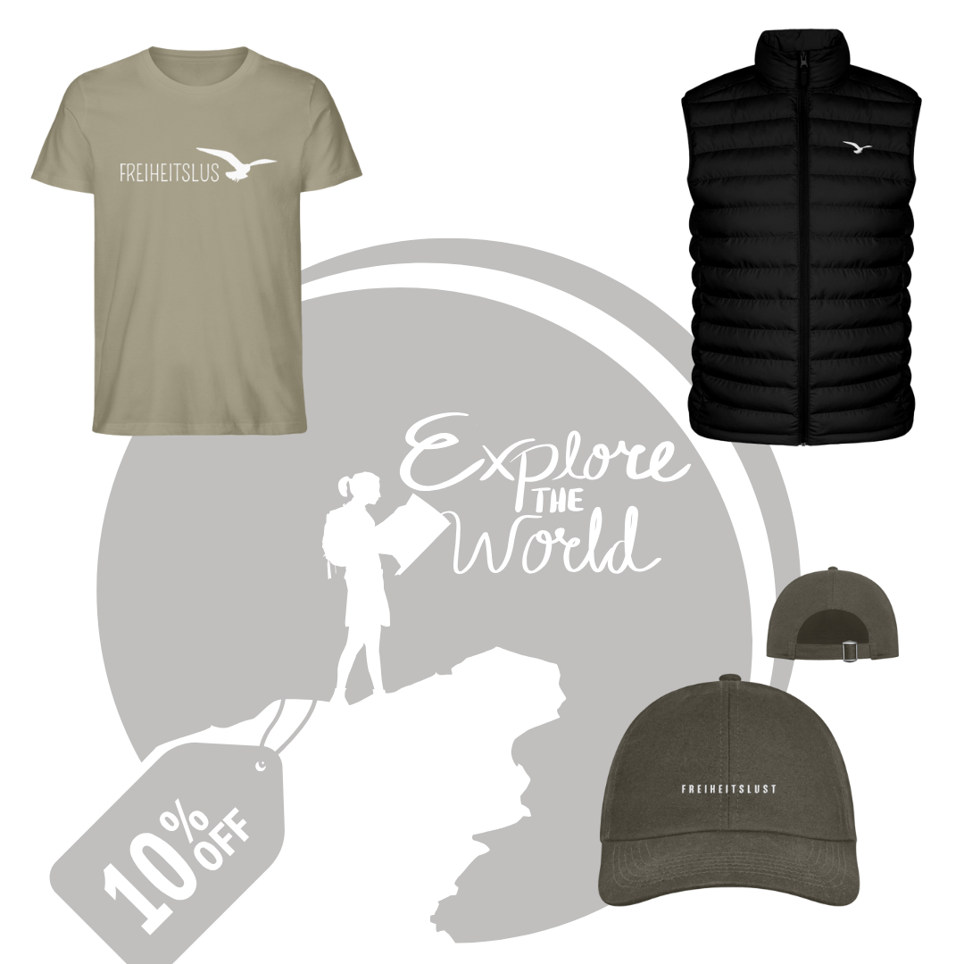 Explore Bundle für Abenteuer mit Tshirt, Basecap und Steppweste. 